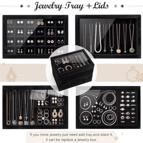 SiliFine Set of 4 Large Stackable Velvet Jewelry Trays with 4 Lids,Black - color: Black