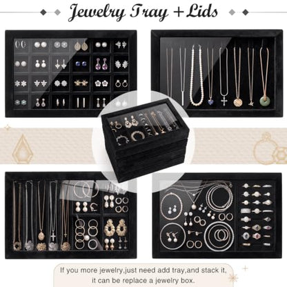 SiliFine Set of 4 Large Stackable Velvet Jewelry Trays with 4 Lids,Black - color: Black