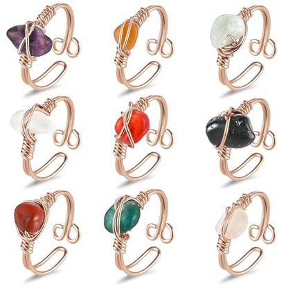 9 PCS Healing Crystal Ring, Adjustable Wire Wrapped Rings Irregular Gemstone Rings Set for Women - color: Rose Gold-Style B