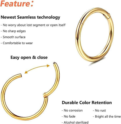 4Pcs 16G 18G 20G Surgical-Steel-Piercing-Ring-Nose-Rings-Hinged-Hoop-Earrings,6mm 8mm 10mm 12mm Seamless Stainless Steel Clicker Eyebrow Septum Piercing Hoop,Sliver Black Gold Rose Gold Rainbow Body Jewelry Set - color: 18G 8mm Gold