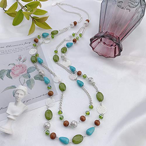 Bocar Long Necklaces for Women Trendy, Boho Layered Crystal Beaded Collar Necklaces for Women, Fashion Statement Necklaces Jewelry - color: Forest Green