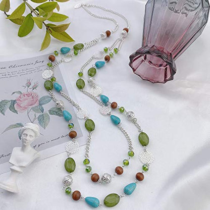 Bocar Long Necklaces for Women Trendy, Boho Layered Crystal Beaded Collar Necklaces for Women, Fashion Statement Necklaces Jewelry - color: Forest Green