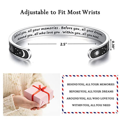 TONY & SANDY Inspirational Bracelets for Women Teen Girls Personalized Gifts for Daughter Granddaughter Mom Sister Friends Stainless Steel Engraved Cuff Birthday Easter Christmas - style: A - Graduation Gifts - Sun & Moon - Behind you, all your memories.