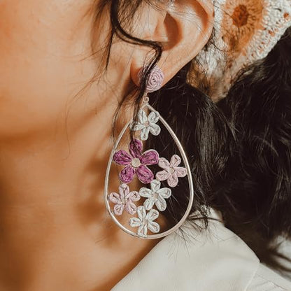 Boho Raffia Flower Teardrop Earrings Cute Colorful Dangle Trendy Jewelry | Floral Drop Statement Big Dangling Earring Hypoallergenic Gold Fun Unique Summer Spring Beach Vacation Outfits for Women - color: Purple