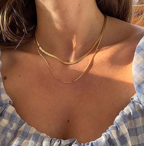 Dainty Choker Necklace for Women 18K Gold Plated Shining Dots Box Chain Sparkle Necklaces Cute Paperclip Link Herringbone Necklace Exquisite Jewelry Gifts for Mom Girlfriend - style: 1.5mm Herringbone GD
