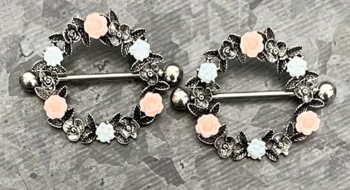 PAIR of Unique Floral Wreath 316L Surgical Steel Nipple Shields - Ring -14g - Body Jewelry - color: Gold