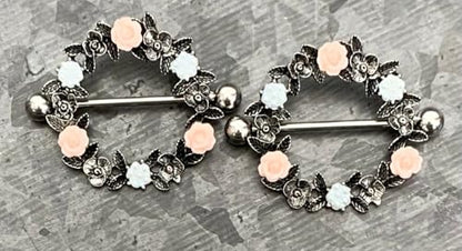 PAIR of Unique Floral Wreath 316L Surgical Steel Nipple Shields - Ring -14g - Body Jewelry - color: Gold