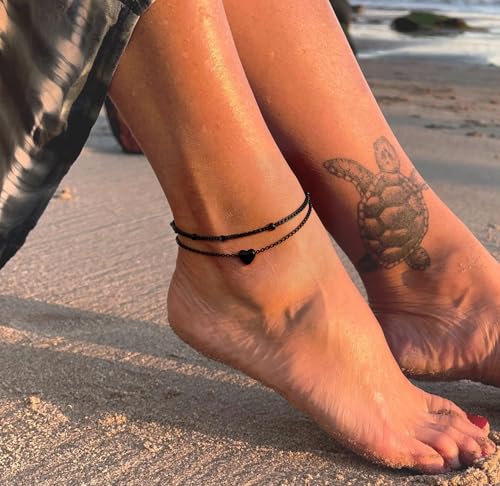 Gold/Silver Anklets for Women，Dainty 14K Gold Plated Waterproof Beaded Ankle Bracelet Non Tarnish Stackable Beach Jewelry Gift - style: 2pc-black