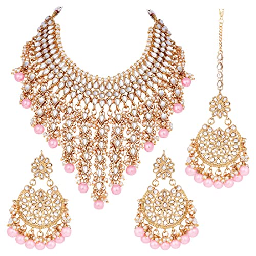 Aheli Elegant Indian Wedding Wear Faux Kundan Studded Choker Necklace with Maang Tikka Set Ethnic Fashion Jewelry for Women Maroon Kundan & Pearl Drop - color: Pink