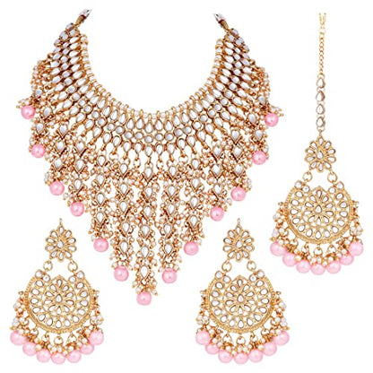 Aheli Elegant Indian Wedding Wear Faux Kundan Studded Choker Necklace with Maang Tikka Set Ethnic Fashion Jewelry for Women Maroon Kundan & Pearl Drop - color: Pink