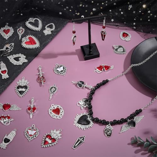 PH PandaHall 56pcs 2 Colors Alloy Enamel Gothic Charms Pendants Bulk Black Skull Cross Beads Goth Halloween Charms for DIY Jewelry Making Alternative Aesthetic Keychain Bracelet Craft Projects