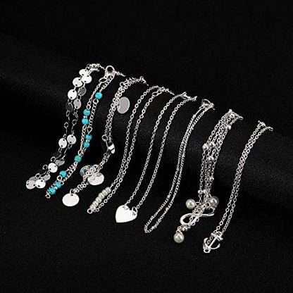 Softones 16Pcs Ankle Bracelets for Women Gold Silver Two Style Chain Beach Anklet Bracelet Jewelry Anklet Set,Adjustable Size - color: C:8-Gold 8-Silver