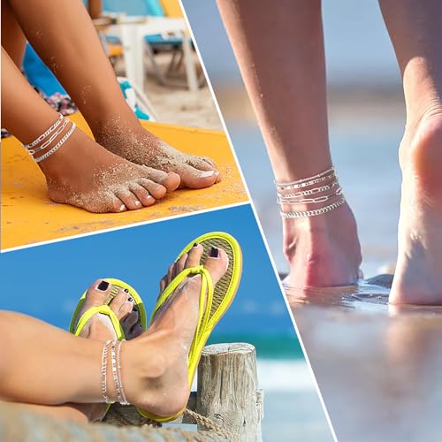 Gokeey Ankle Bracelets for Women Waterproof, 14k Gold Plated Jewelry Set Layered Cuban Figaro Link Chain Anklets Set Gold Anklets Summer Boho Beach Jewelry Gift Adjustable Size - color: Silver