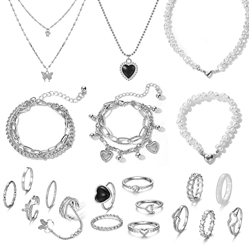 IFKM 36 PCS Silver Plated Jewelry Set with 3 PCS Necklace, 12 PCS Bracelet, 7 PCS Ear Cuffs Earring, 14 Pcs Knuckle Rings for Women Valentine Anniversary Birthday Friendship Gift - color: 21 Pcs Silver