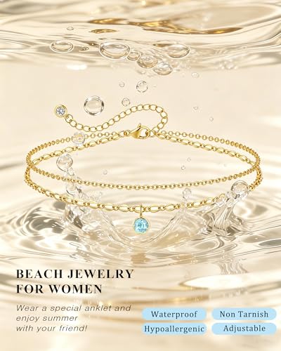 ZHESHY Ankle Bracelets for Women Gold Layered Anklets with Birthstone | 14K Gold Plated Dainty Waterproof Non Tarnish Chain Anklet Bracelets Summer Beach Jewelry Birthday Gifts - color: 03.Light Blue March