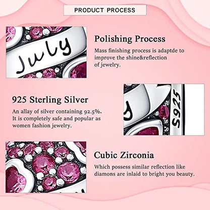 HappyStar 925 Sterling Silver Month Birthstone Charm for Bracelets Necklace，with 5A Cubic Zirconia Dangle Pendant Bead,Happy Birthday Valentine's Day - color: 7-July Birthstones