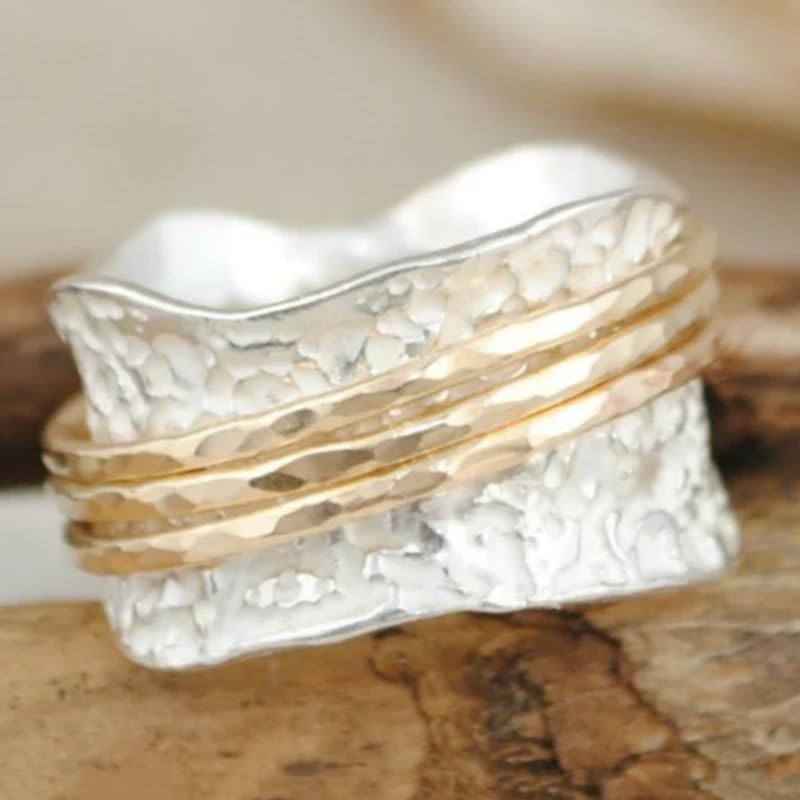 Creative Irregular Lines Two-Tone Wide Rings for Women Daily Casual Party Vacation Personality Jewelry - color: gold & silver