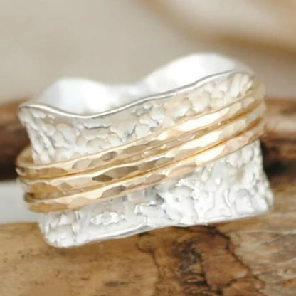 Creative Irregular Lines Two-Tone Wide Rings for Women Daily Casual Party Vacation Personality Jewelry - color: gold & silver