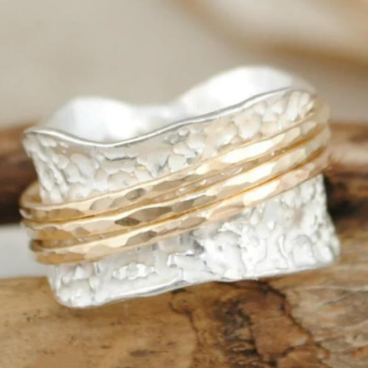 Creative Irregular Lines Two-Tone Wide Rings for Women Daily Casual Party Vacation Personality Jewelry - color: gold & silver