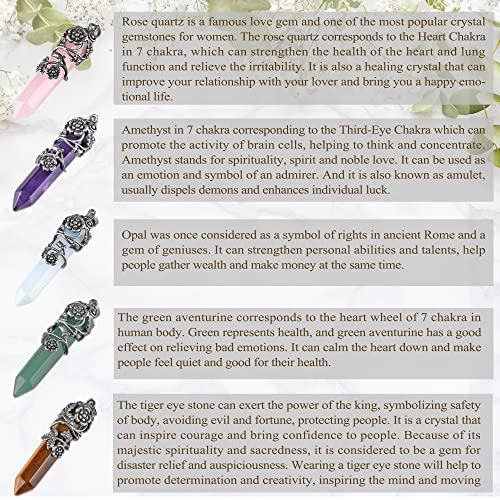 Top Plaza Flower Wrapped Natural Quartz Gemstone Crystal Necklace | Antique Silver Healing Crystal Gemstone Necklaces for Women Mothers Day Mom Gifts - color: 5pcs/set