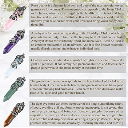 Top Plaza Flower Wrapped Natural Quartz Gemstone Crystal Necklace | Antique Silver Healing Crystal Gemstone Necklaces for Women Mothers Day Mom Gifts - color: 5pcs/set