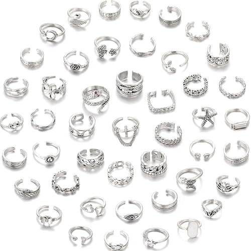 46 Pcs Toe Rings for Women Adjustable Vintage Bohemian Toe Ring Set Open Snake Flower Band Knuckle Tail Ring Silver Gold Plated Summer Beach Foot Jewelry