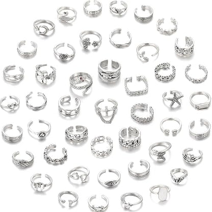46 Pcs Toe Rings for Women Adjustable Vintage Bohemian Toe Ring Set Open Snake Flower Band Knuckle Tail Ring Silver Gold Plated Summer Beach Foot Jewelry