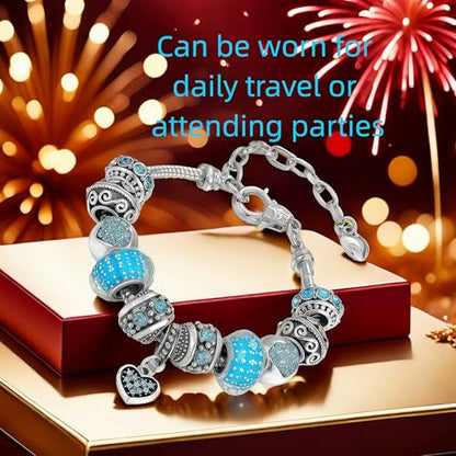 Pink Hearts Silver Plated Charm Bracelet, DIY Jewelry for Women with Beads, Charms, and Adjustable Snake Chain, Fits 7.5"+1.5" - color: Blue, size: 19cm