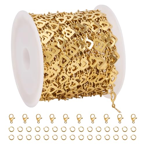 SMYHTGLIF 5 Meters Heart Chain for Jewelry Making Stainless Steel Chain | Permanent Jewelry Chain Bulk Craft Chain Roll with Jewelry Findings - color: Heart Gold