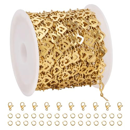 SMYHTGLIF 5 Meters Heart Chain for Jewelry Making Stainless Steel Chain | Permanent Jewelry Chain Bulk Craft Chain Roll with Jewelry Findings - color: Heart Gold