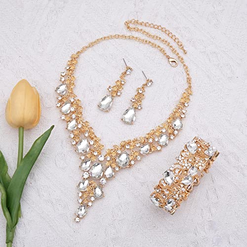 CSY Elegant Crystal Costume Jewelry Sets Flower Bridal Necklace Earrings Stretch Bangle Set for Bride Bridesmaid Wedding Dress Accessories - color: white crystal-gold tone