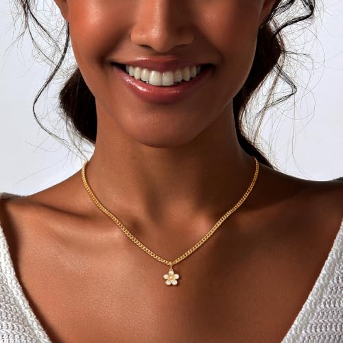 IMBOS 14K Gold Plated Chunky Chain Choker Necklaces for Women Chunky Gold Necklace Tennis Necklace for Women CZ Love Chain Cuban Link Choker Jewelry Gifts - color: Gold-Flower