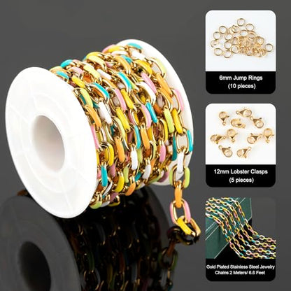 UMAOKANG 2 Yard Gold Plated Stainless Steel Chain Bulk for Jewelry Making | Colorful Enamel Paperclip Chain Roll Chunky Paper Clip Link Chain with Jump Rings and Lobster Clasps - color: Light Colorful