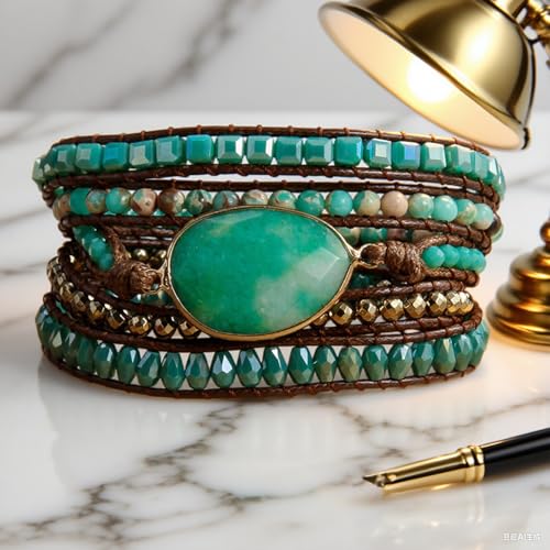 Women Wrap Bracelets Boho Natural Stone Jasper Turquoises Strand Bracelet Jewelry Collection - color: Green Agate