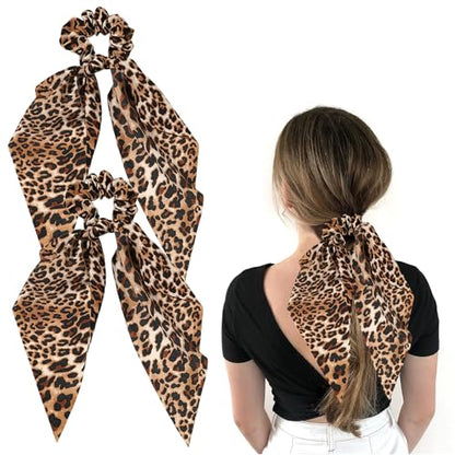 Leopard Hair Scarf Scrunchies for Women - 2Pcs Bow Scrunchies Knotted Bow Hair Ties Long Elastic Bands Satin Hair Ribbon Scrunchy Soft Ponytail Holders for Women Girls Gifts