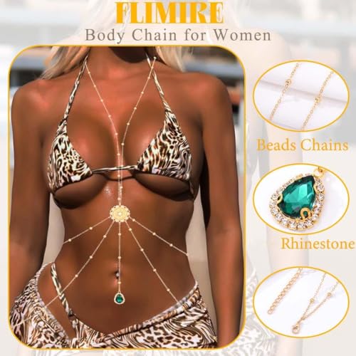 Gold Body Chain for Women Layered Rhinestone Waist Chains Summer Beaded Bra Body Jewelry Gifts - color: Green