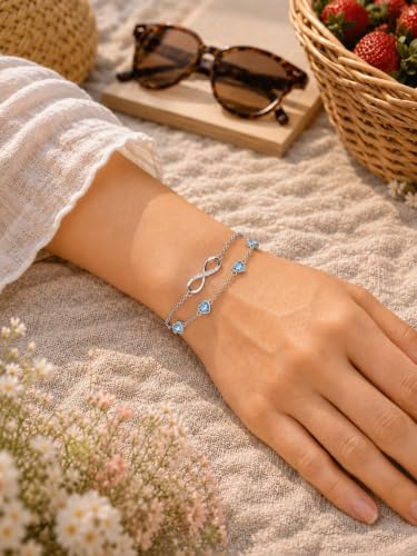 Prismata Infinity Birthstone Charm Link Bracelet/Anklet 925 Sterling Silver Adjustable 12 Months Birthstone Infinity Bracelet/Anklet Birthday Jewelry Gifts for Women Her - color: 03-March, size: 9‘+2’ Anklet