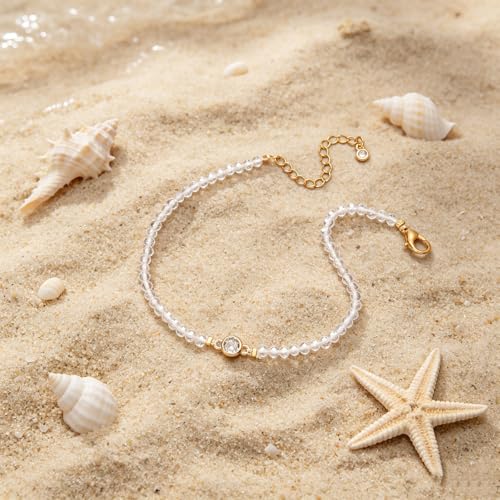 Raicegs Anklets for Women Handmade Beach Boho Ankle Bracelet 3mm Natural Stone Beaded Ankle Bracelet 14K Gold Plated Zircon Pendant Adjustable Crystal Gemstone Anklet Jewelry Gift for Her - color: Clear Quartz
