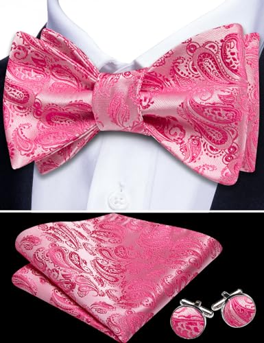 YOHOWA Bow Ties for Men Self-tied Silk Bowtie Solid Color with Lapel Pin and Handkerchief Cufflinks for Wedding Party Prom - color: Hot Pink Paisley
