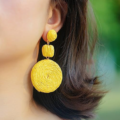 Statement Raffia Boho Round Dangle Ball Earrings - Cute Handmade Summer Bohemian Dangling Jewelry for Women - color: Yellow