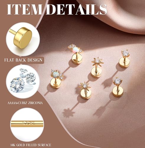 14K Gold Plated 925 Sterling Silver Flat Back Earrings Set | Hypoallergenic Cartilage Helix Conch Tragus Piercing Jewelry 3 Pairs Small Screw Dainty CZ Opal Earring Set Men Women - color: Gold, Style A