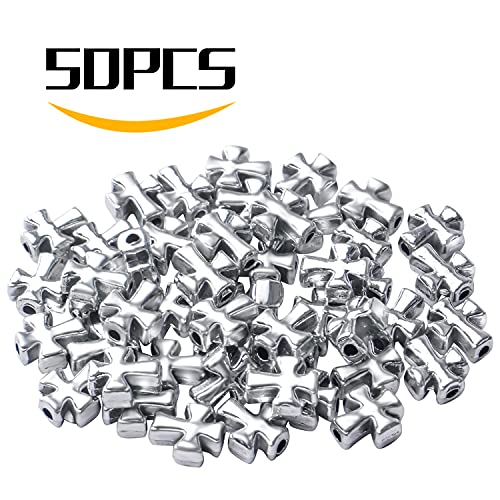 50pcs Antique Silver Cross Spacer Beads Tibetan Alloy Crucifix Cross Charm Beads for DIY Jewelry Bracelet Making,9.6mm×8.4mm
