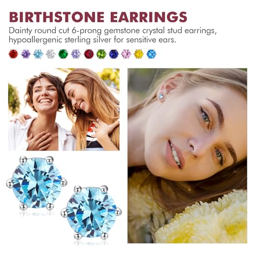 DAYBYDAY 925 Sterling Silver Birthstone Earrings for Women, Crystal Stud Earrings, 6.5mm Round Cut Solitaire Gemstone Earrings Birthday Jewelry - style: Round Cut-03. Mar/created aquamarine