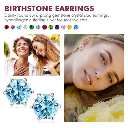DAYBYDAY 925 Sterling Silver Birthstone Earrings for Women, Crystal Stud Earrings, 6.5mm Round Cut Solitaire Gemstone Earrings Birthday Jewelry - style: Round Cut-03. Mar/created aquamarine