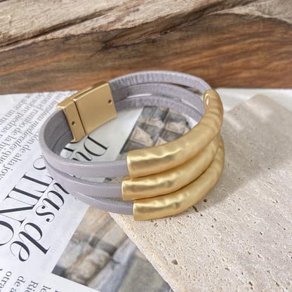 Bracelets for Women Leather Bracelet Multi-Layer Rope Wrap Bangle 14k Gold Plated Cirle Hollow Tube Boho Cuff Bangle Bracelets for Women Gift - style: Grey Leather Wrap