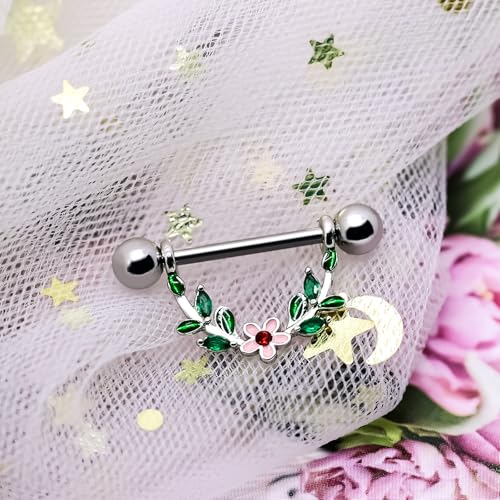 2pcs 14G Nipple Rings Flower Nipple Bars Surgial Steel 316L Nipple Piercing Jewelry Heart Nipple Barbell for Women - color: green