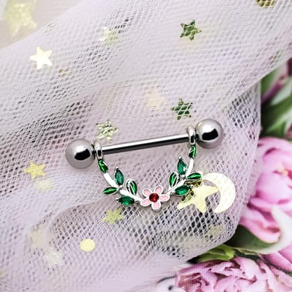 2pcs 14G Nipple Rings Flower Nipple Bars Surgial Steel 316L Nipple Piercing Jewelry Heart Nipple Barbell for Women - color: green