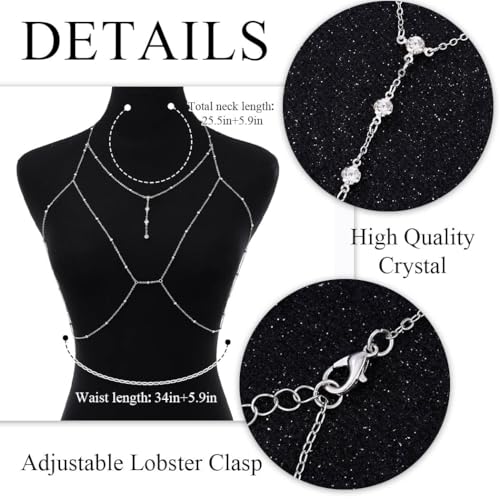 Urieo Sparkly Beads Bra Chain Silver Crystal Chest Chains Rhinestone Layered Sexy Nightclub Beach Rave Body Chain for Women - style: A-silver