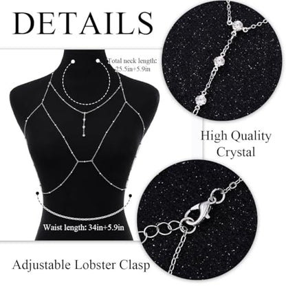 Urieo Sparkly Beads Bra Chain Silver Crystal Chest Chains Rhinestone Layered Sexy Nightclub Beach Rave Body Chain for Women - style: A-silver