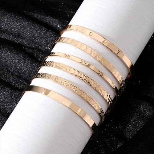 IFKM Gold Bangle Bracelets For Women, 14k Gold Plated Multi Layer Stackable Cuff Bracelet Set, Trendy Elegance Charms Non Tarnish Minimalist Textured Boho Jewelry Gift for Women - style: 6pcs Love